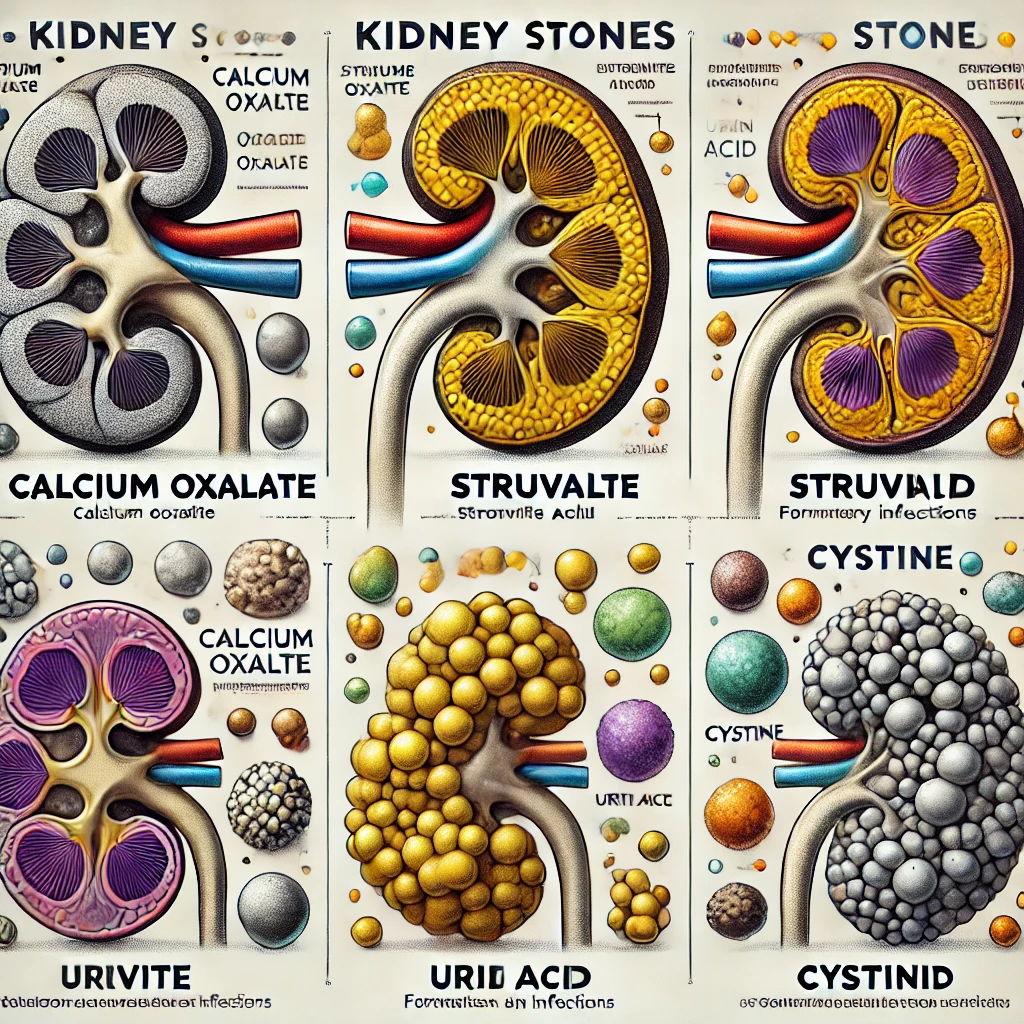 Ilustração dos diferentes tipos de cálculos renais: oxalato de cálcio, estruvita, ácido úrico e cistina.