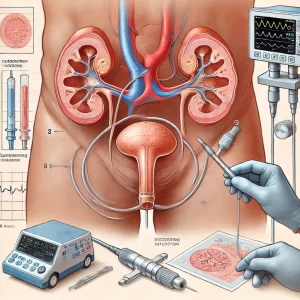Ilustração do processo de estudo urodinâmico, com inserção de cateteres e monitoramento do paciente.