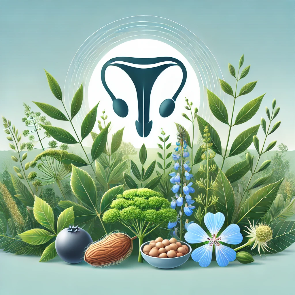 Ilustração de plantas medicinais usadas no tratamento de doenças prostáticas, incluindo Serenoa repens, Pygeum africanum, e Urtica dioica, com um símbolo de saúde prostática ao fundo.