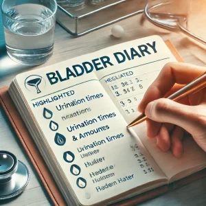 Imagem de uma mão segurando uma caneta e um caderno com anotações sobre horários e quantidades de urina, em um ambiente médico.