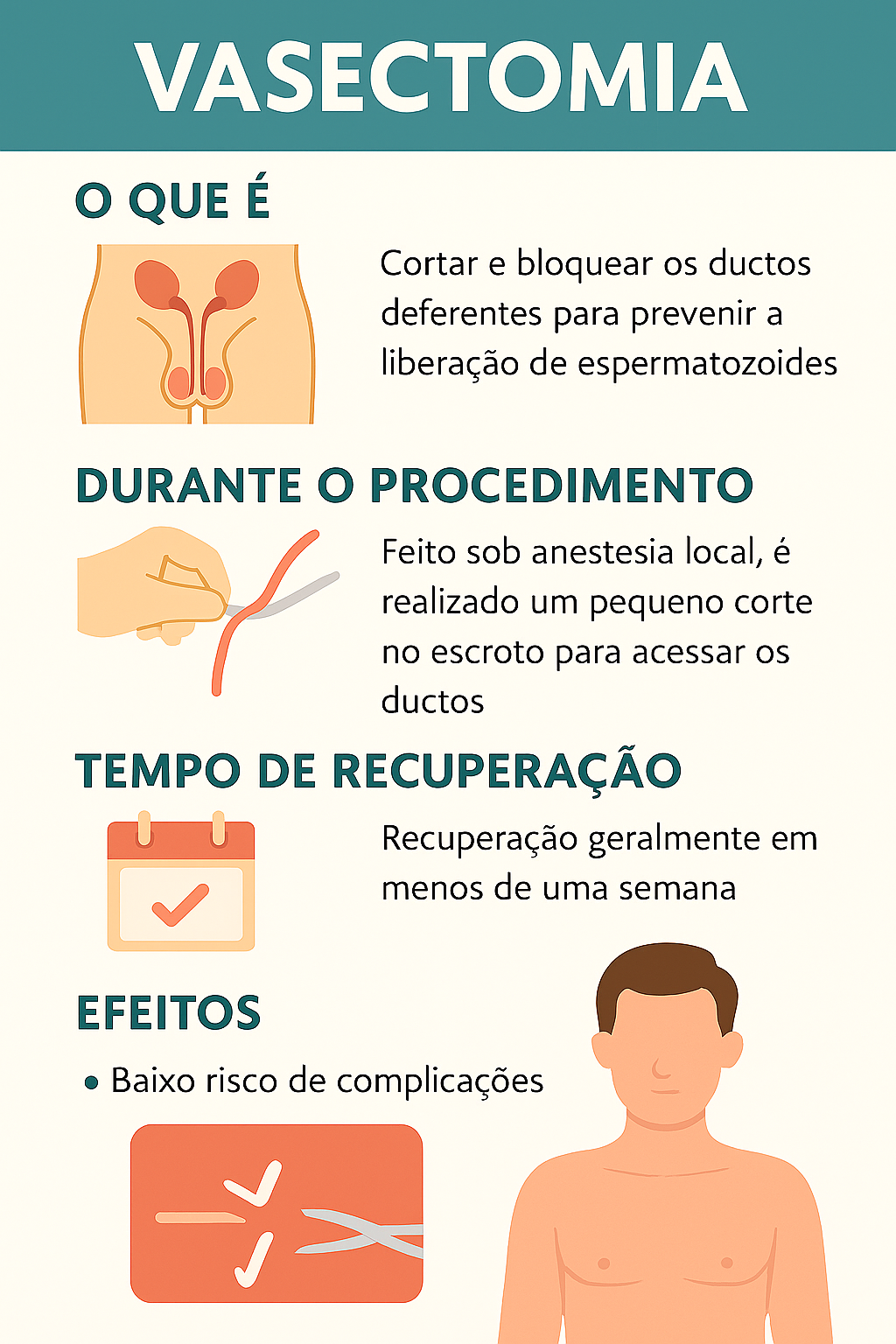 Infográfico educativo em português mostrando as etapas da vasectomia moderna: definição do procedimento, como é feito, tempo médio de recuperação e possíveis efeitos, com ilustrações simples e texto explicativo acessível.