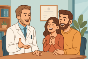 Médico em consultório moderno conversando com casal animado sobre reversão de vasectomia, em estilo cartoon educativo e profissional.