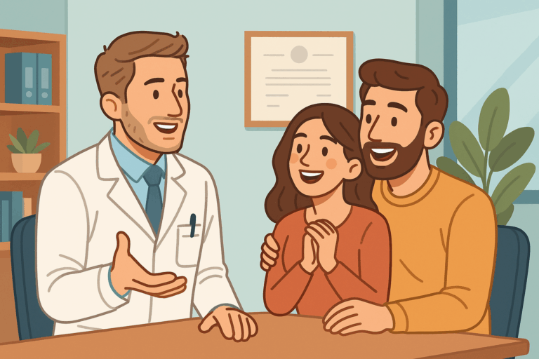 Médico em consultório moderno conversando com casal animado sobre reversão de vasectomia, em estilo cartoon educativo e profissional.