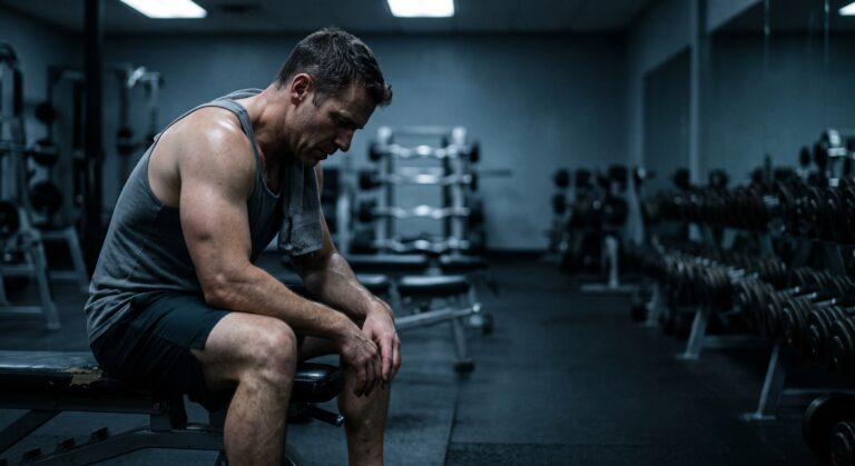 Homem em boa forma sentado em academia vazia, cabisbaixo, representando a queda de libido apesar da testosterona alta