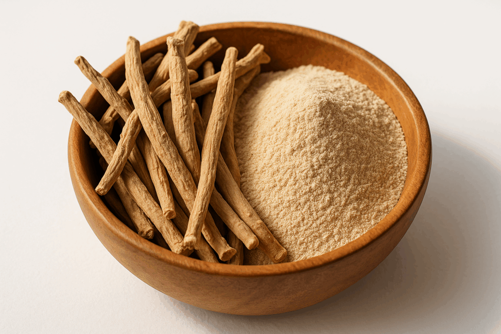  Ashwagandha powder and dried root in bowl – natural adaptogen to reduce cortisol and support testosterone