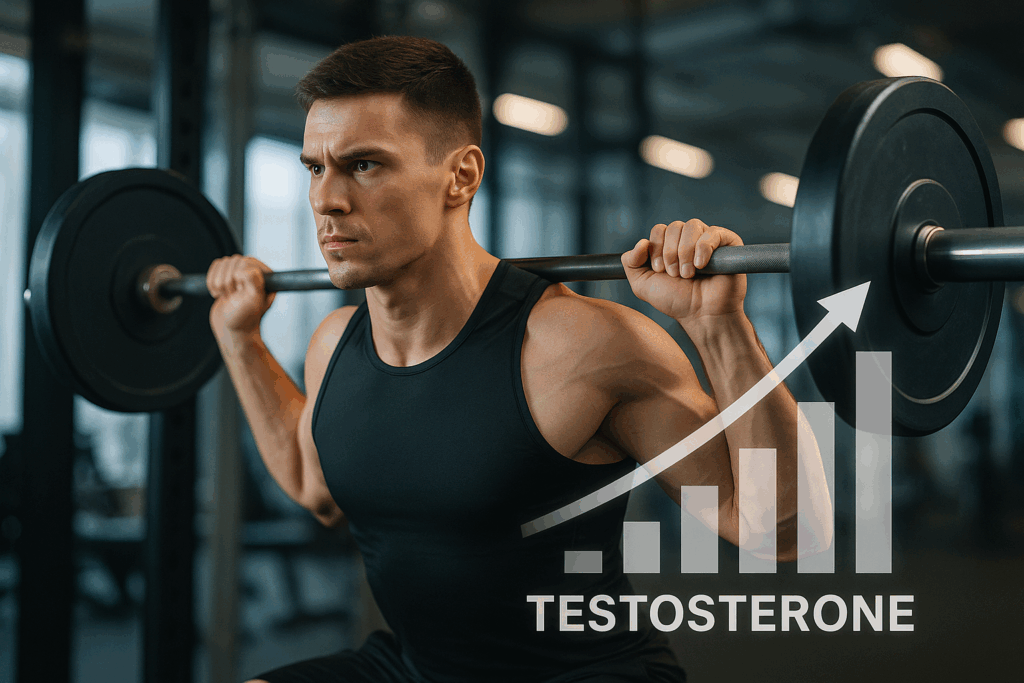 Homem treinando com gráfico de testosterona sobreposto – efeito da Ashwagandha na performance