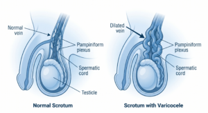 Comparativo anatômico ilustrado entre escroto normal e escroto com varicocele mostrando dilatação do plexo pampiniforme