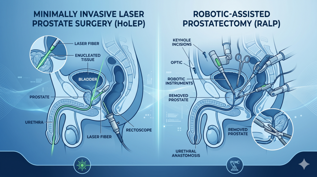 Comparação ilustrada entre HoLEP (cirurgia a laser pela uretra) e cirurgia robótica para tratamento da próstata aumentada — HPB