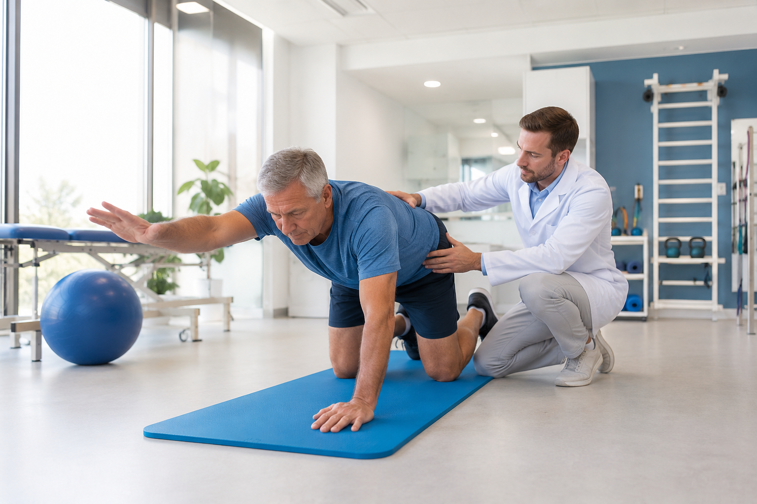 Homem realizando fisioterapia do assoalho pélvico para incontinência urinária masculina com fisioterapeuta especializado