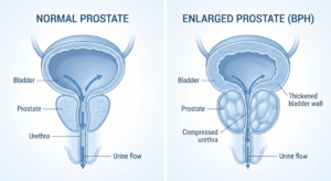 Ilustração anatômica comparando próstata normal e próstata aumentada (HPB) comprimindo a uretra e obstruindo o fluxo urinário