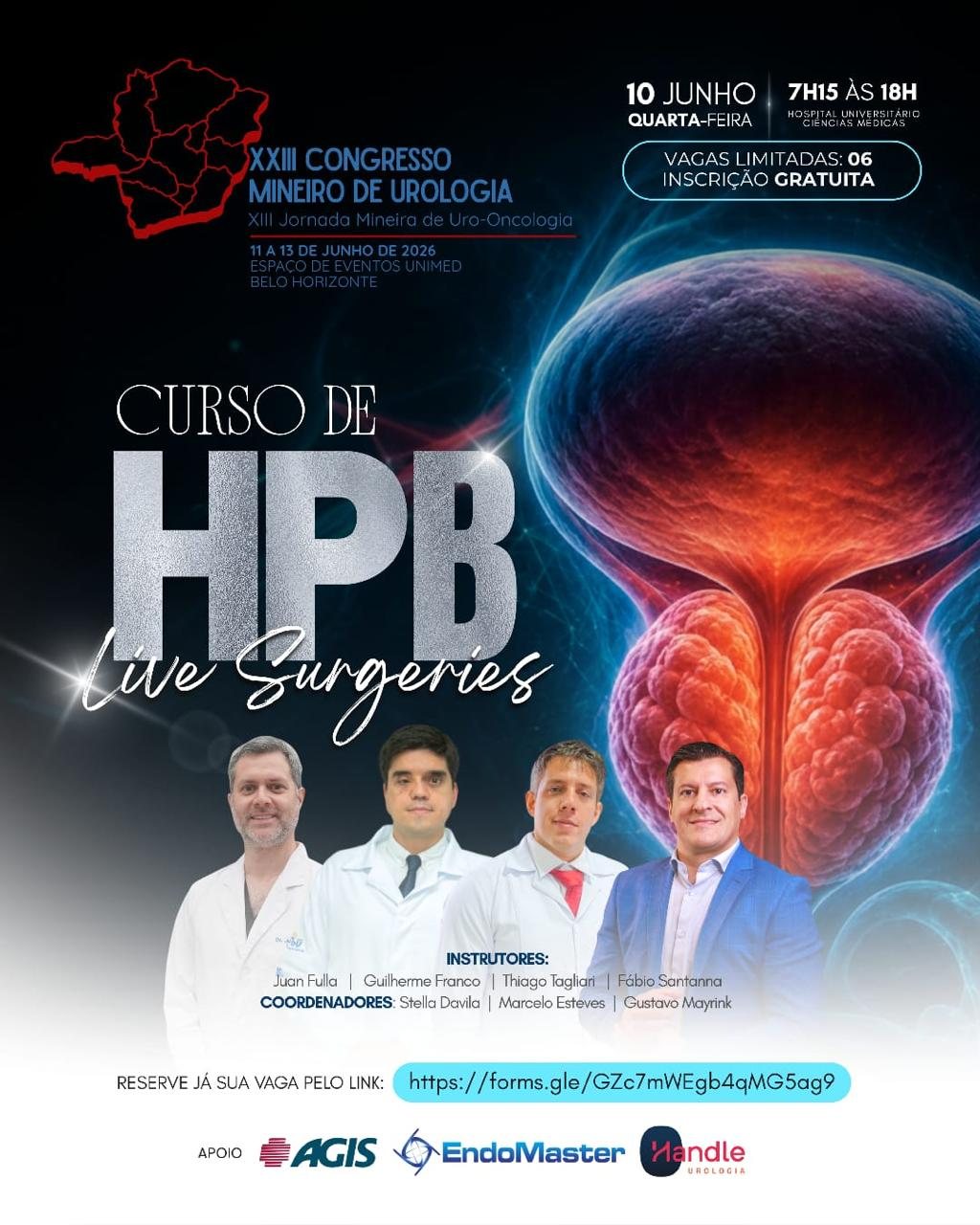 Cartaz do curso de HPB com cirurgias ao vivo no XXII Congresso Mineiro de Urologia, junho de 2026