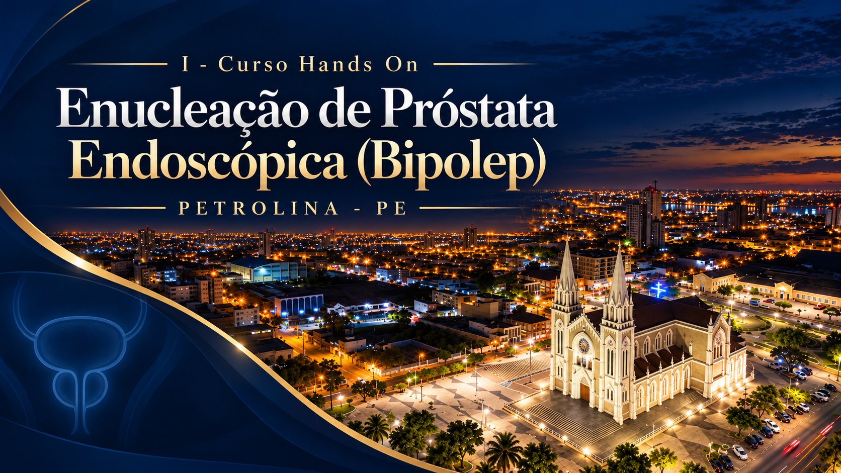 Primeira edição em Petrolina, Pernambuco, do Curso Hands On de Enucleação Endoscópica da Próstata (BipolEP), com vista aérea noturna da Catedral do Sagrado Coração de Jesus