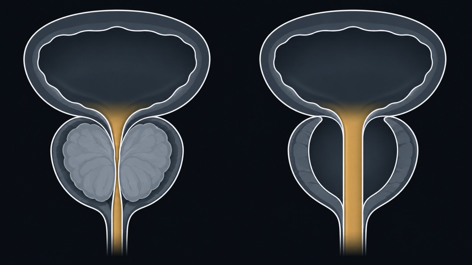 Ilustração da cirurgia sem cortes para hiperplasia prostática benigna, com o canal da urina liberado por dentro