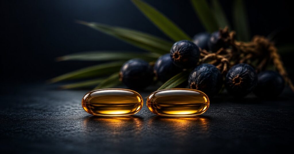 Remédio natural para próstata: duas cápsulas idênticas lado a lado, representando o saw palmetto comparado ao placebo nos estudos